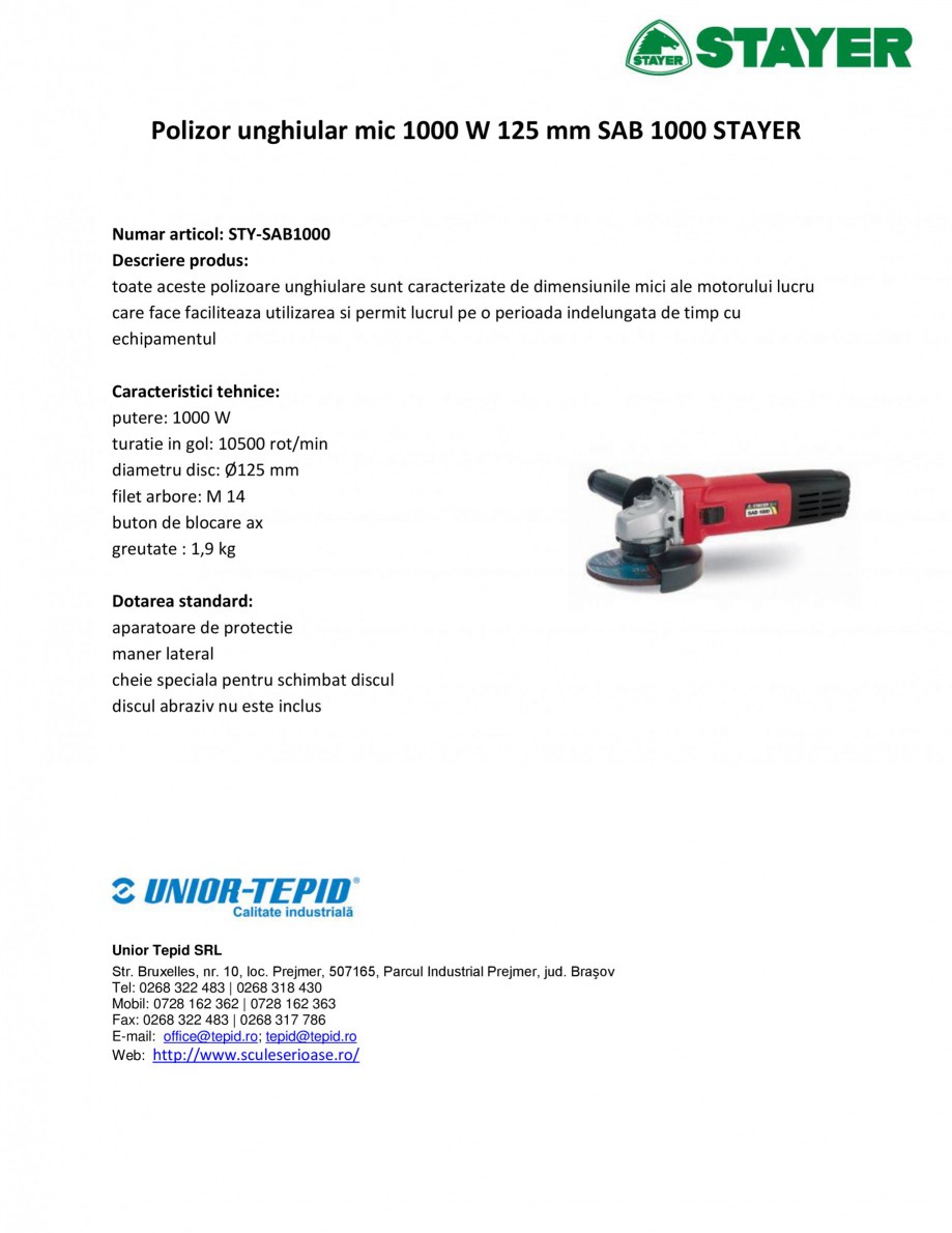 Pagina 1-Polizor unghiular mic 1000 W 125 mm STAYER SAB 1000 Fisa tehnica Romana Polizor unghiular mic 1000 W...