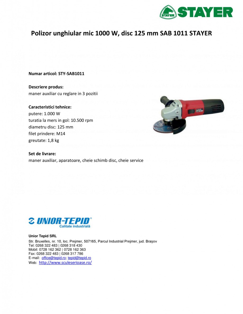 Pagina 1-Polizor unghiular mic 1000 W, disc 125 mm STAYER SAB 1011 Fisa tehnica Romana Polizor unghiular mic ...