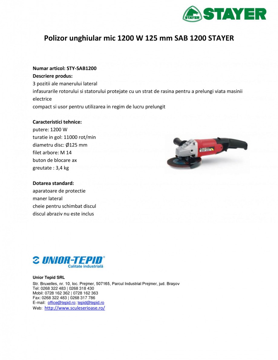 Pagina 1-Polizor unghiular mic 1200 W 125 mm SAB STAYER SAB 1200 Fisa tehnica Romana Polizor unghiular mic...