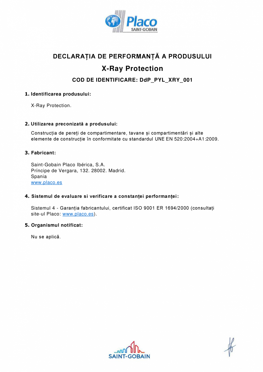 Pagina 1-Declaratie de performanta pentru placa speciala pentru protectia impotriva radiatiilor Saint-Gobain ...