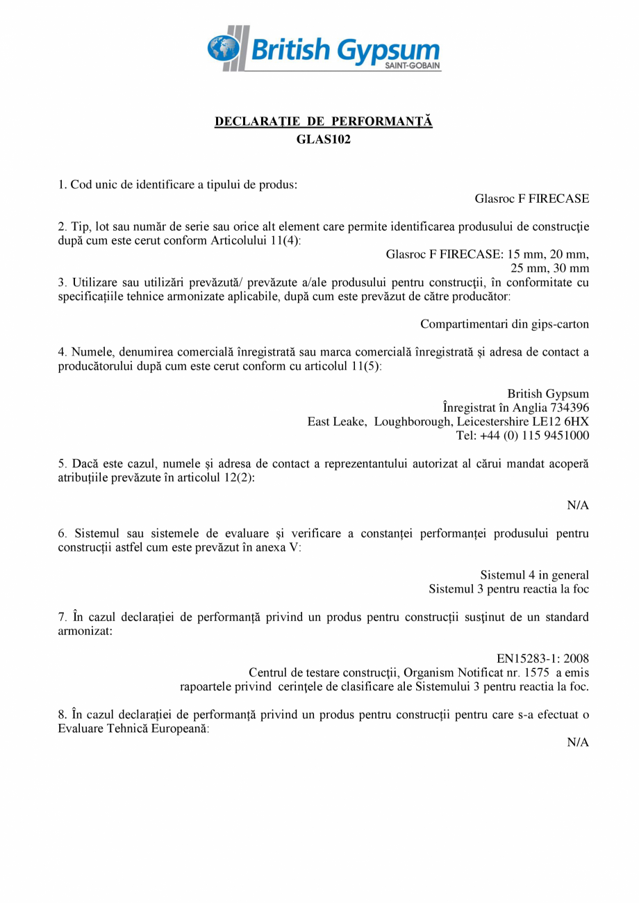 Pagina 1-Declaratie de performanta pentru placa din gips-carton rezistenta la foc Saint-Gobain Rigips Glasroc...