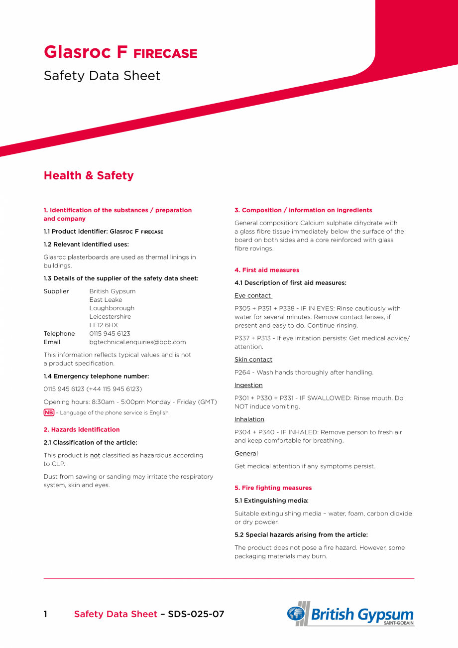 Pagina 1-Fisa cu datele de securitate pentru placa din gips-carton rezistenta la foc Saint-Gobain Rigips...