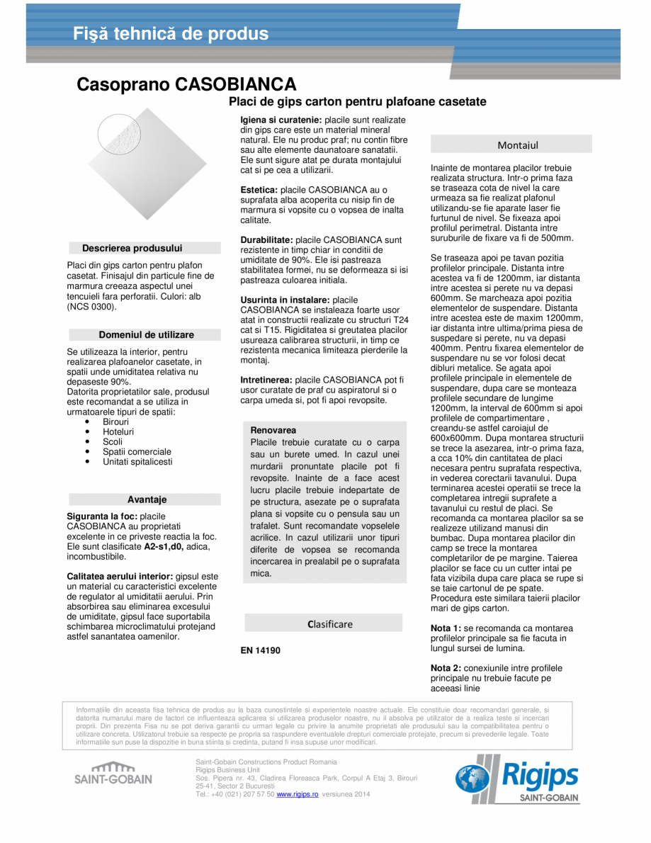 Pagina 1-Placi de gips carton pentru plafoane casetate - Casoprano-CASOBIANCA Saint-Gobain Rigips Fisa...