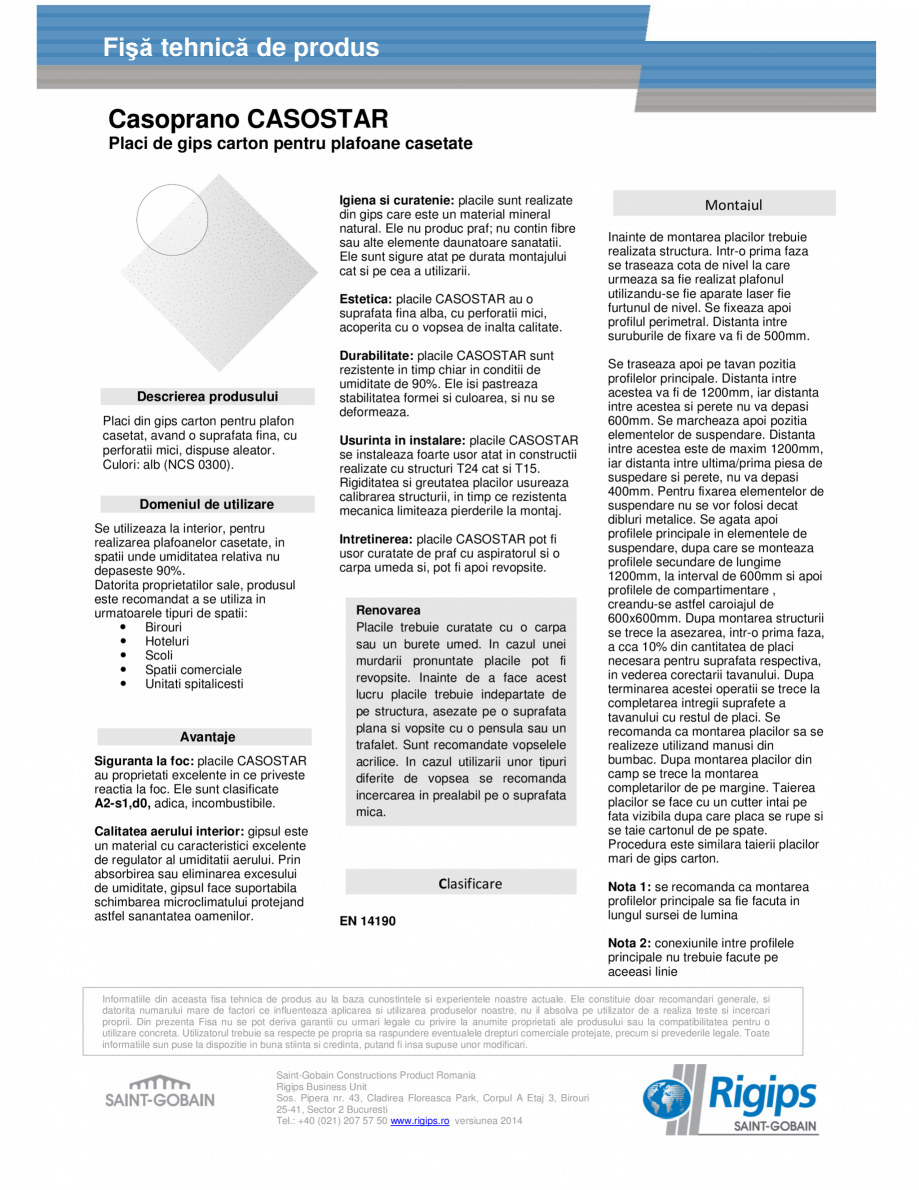 Pagina 1-Placi de gips carton pentru plafoane casetate - Casoprano-CASOSTAR Saint-Gobain Rigips Fisa tehnica ...