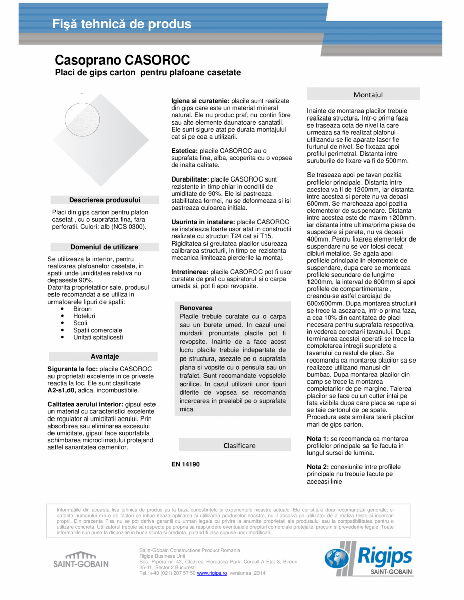 Pagina 1-Placi de gips carton pentru plafoane casetate - Casoprano-CASOROC Saint-Gobain Rigips Fisa tehnica...