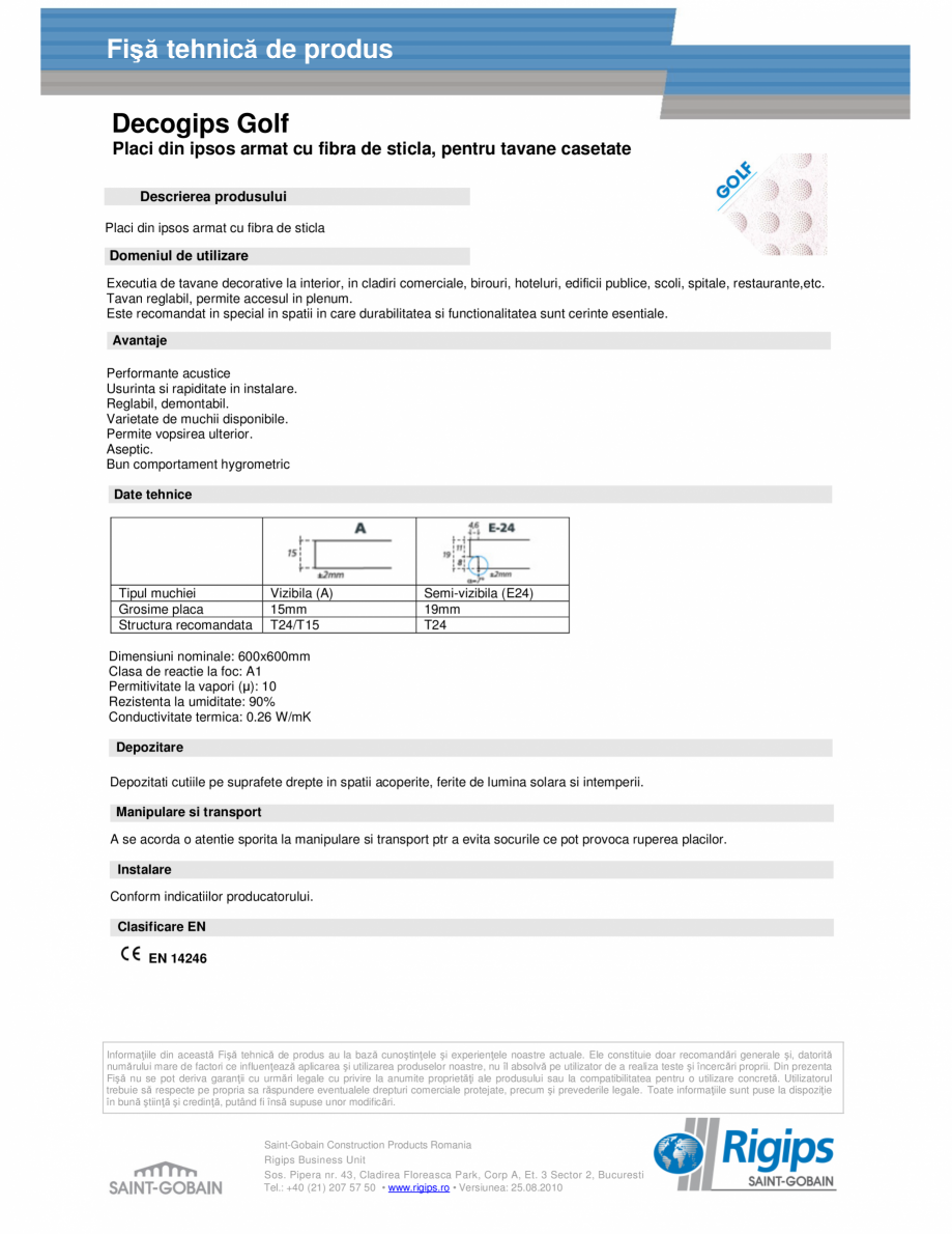 Pagina 1-Placi din ipsos armat cu fibra de sticla, pentru tavane casetate - Decogips® Golf Saint-Gobain...