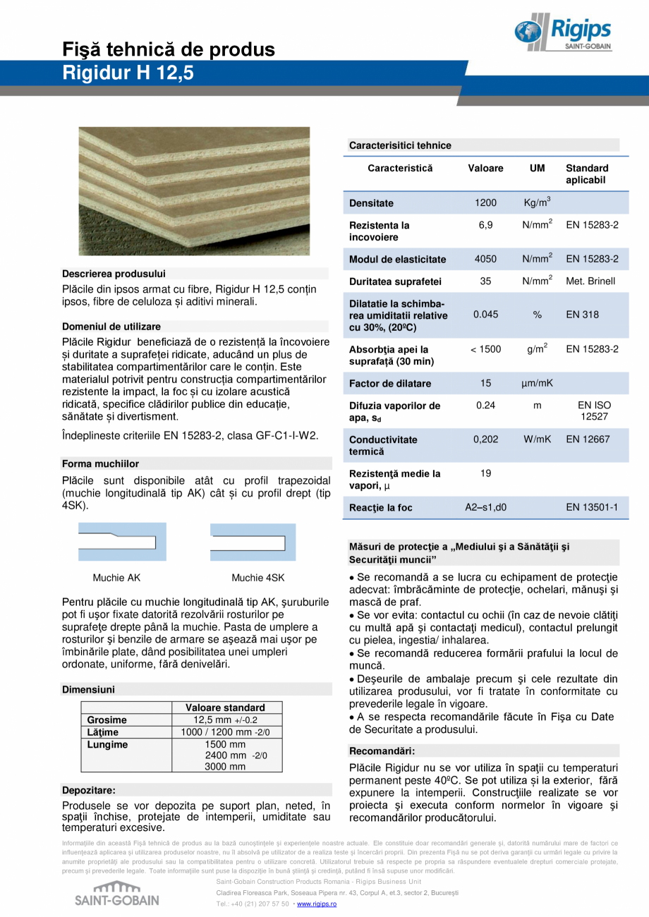 Pagina 1-Placa din gips-carton rezistenta la impact - Rigidur H 12,5 Saint-Gobain Rigips Fisa tehnica Romana ...