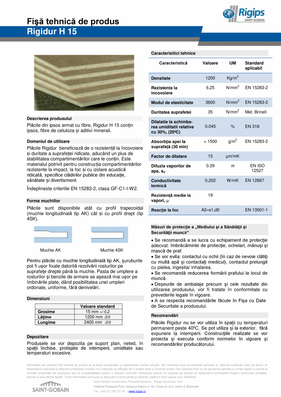 Pagina 1-Placa din gips-carton rezistenta la impact - Rigidur H 15 Saint-Gobain Rigips Fisa tehnica Romana...