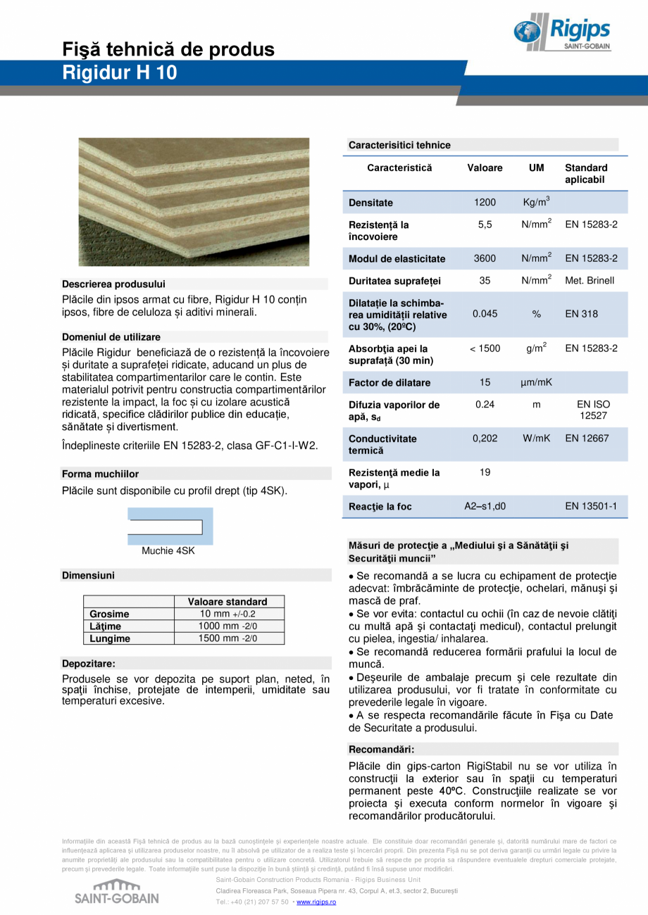 Pagina 1-Placa din gips-carton rezistenta la impact - Rigidur H 10 Saint-Gobain Rigips Fisa tehnica Romana...