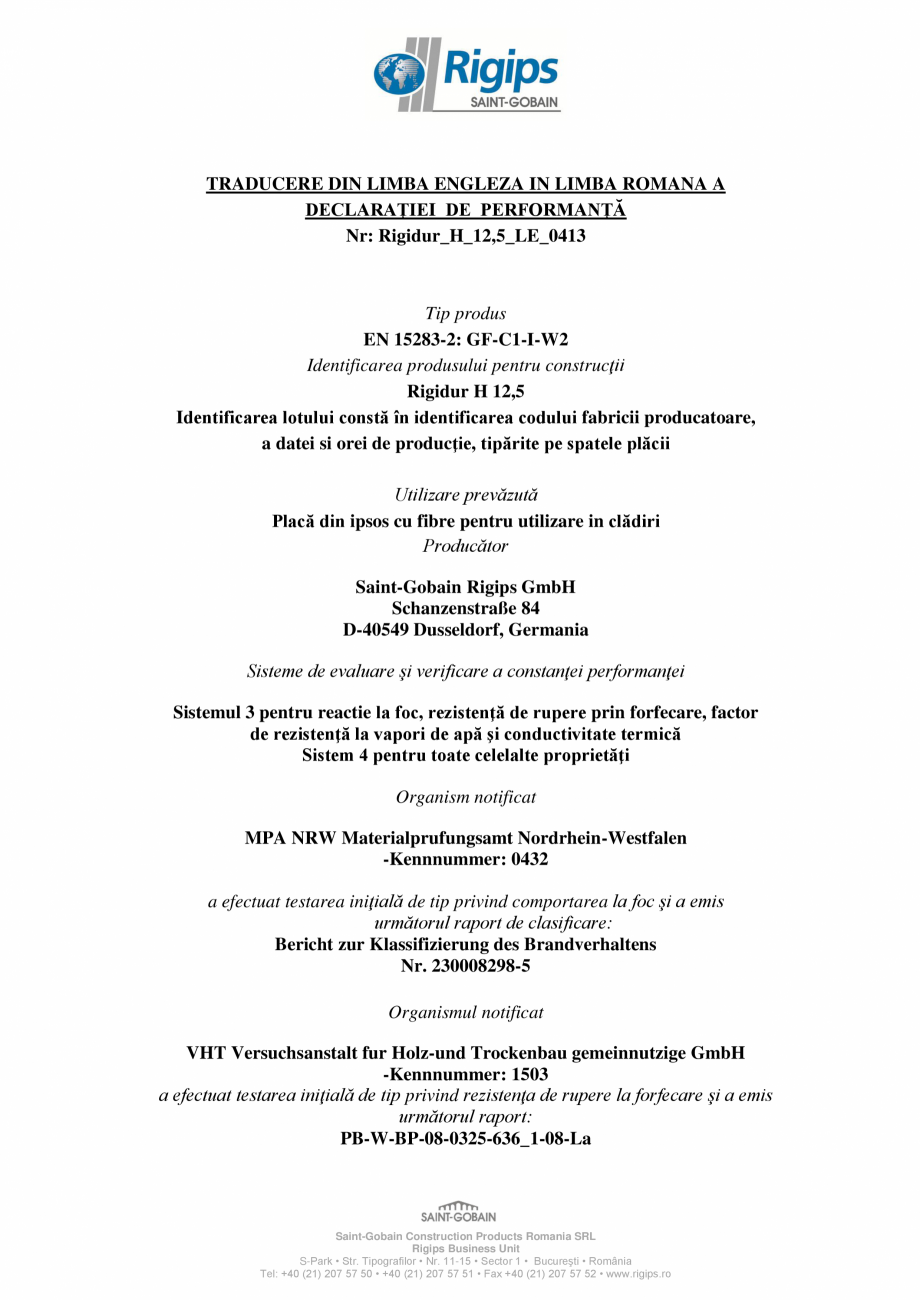 Pagina 1-Declaratie de performanta pentru placa din gips-carton rezistenta la impact - Rigidur H 12,5...