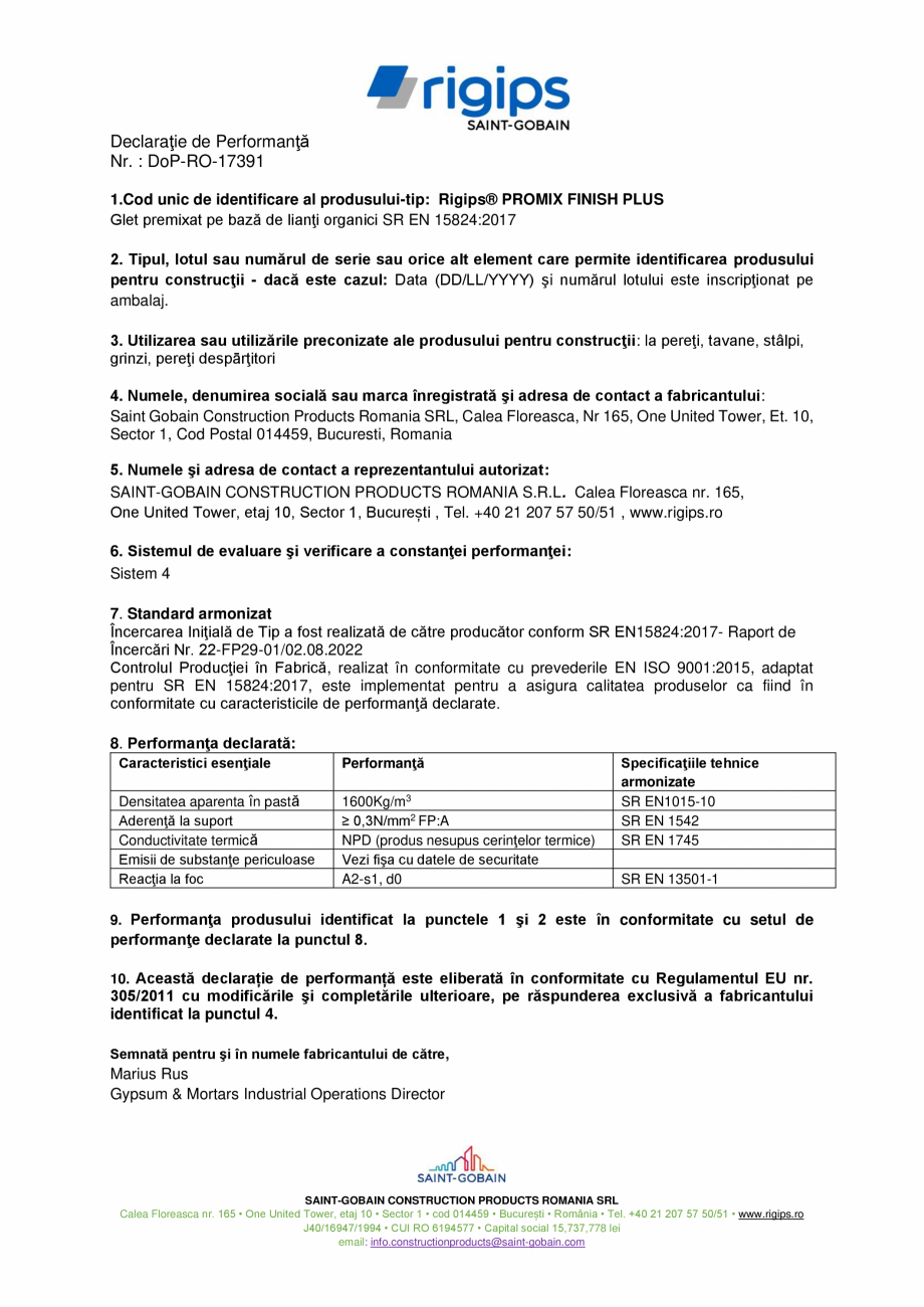 Pagina 1-Declaratie de performanta pentru glet de finisare gata preparat pentru gips-carton - Rigips PROMIX...