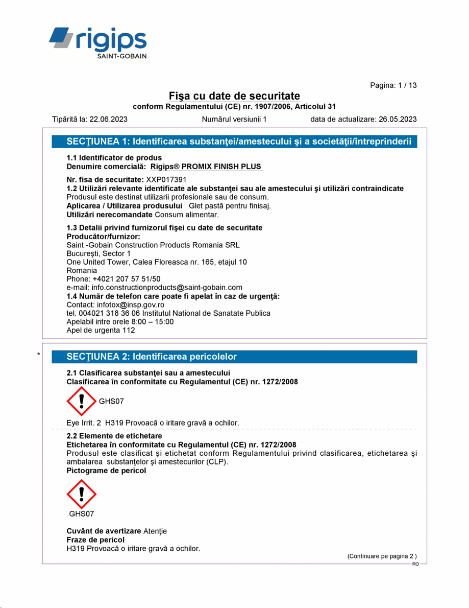 Pagina 1-Fisa cu datele de securitate pentru glet de finisare gata preparat pentru gips-carton - Rigips...
