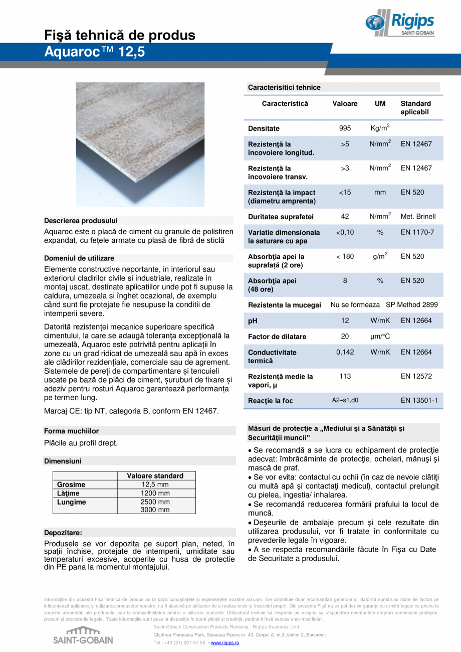 Pagina 1-Placa pe baza de ciment rezistenta la umiditate Saint-Gobain Rigips Aquaroc&reg; Fisa tehnica Romana...