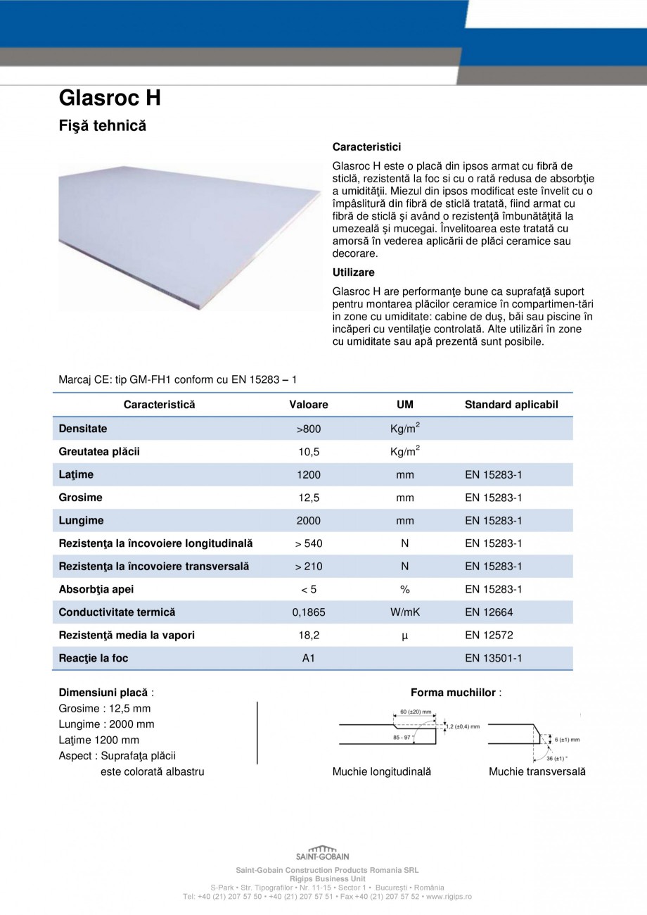 Pagina 1-Placi din ipsos armat cu fibra de sticla rezistente la umezeala si foc Saint-Gobain Rigips Glasroc H...