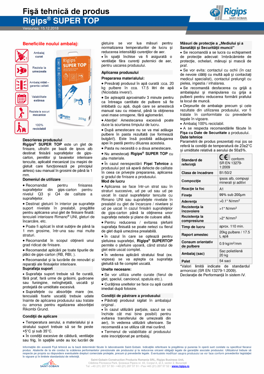 Pagina 1-Glet de finisare pe baza de ipsos  Saint-Gobain Rigips Rigips® SUPER TOP Fisa tehnica Romana...