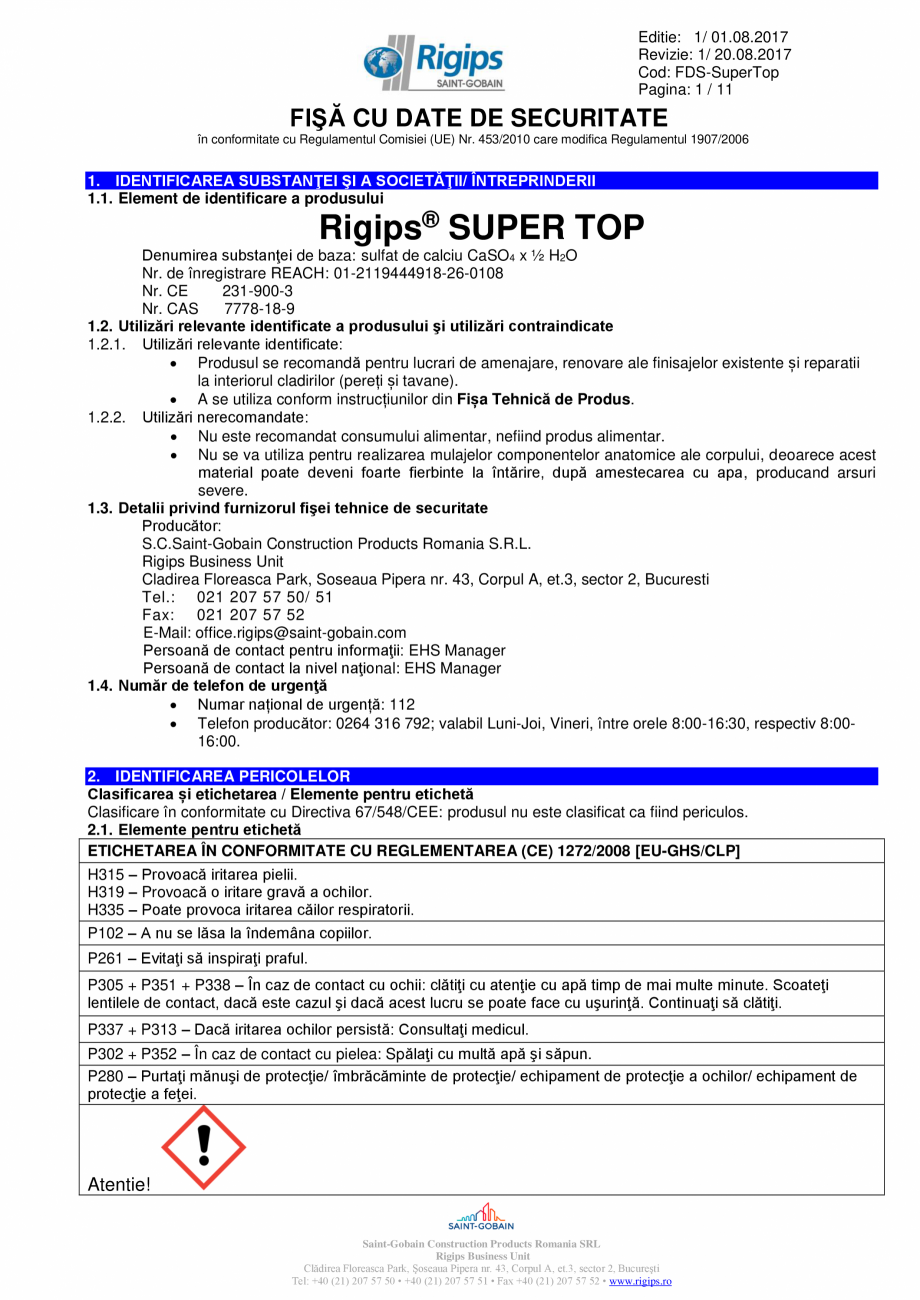 Pagina 1-Fisa cu date de securitate pentru glet de finisare pe baza de ipsos  Saint-Gobain Rigips Rigips®...