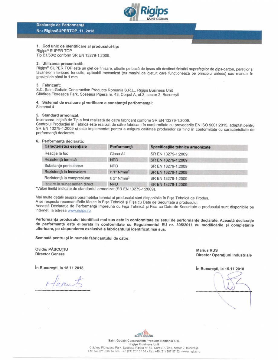 Pagina 1 - Declaratie de performanta pentru glet de finisare pe baza de ipsos  Saint-Gobain Rigips...