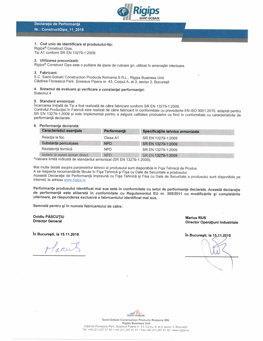 Pagina 1-Declaratie de performanta pentru pulbere de ipsos pentru constructii Saint-Gobain Rigips Rigips®...