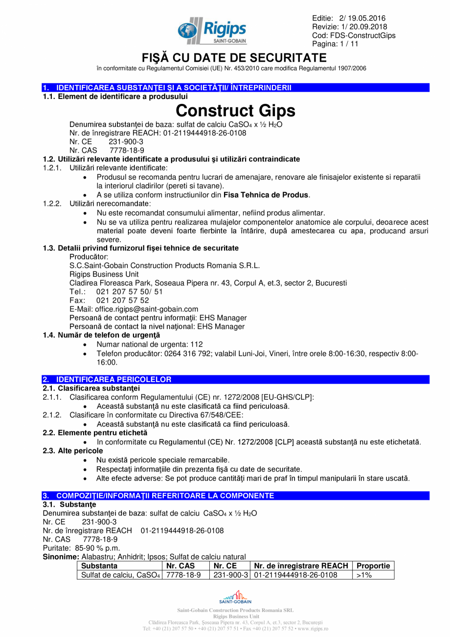Pagina 1 - Fisa cu date de securitate pentru pulbere de ipsos pentru constructii Saint-Gobain Rigips...