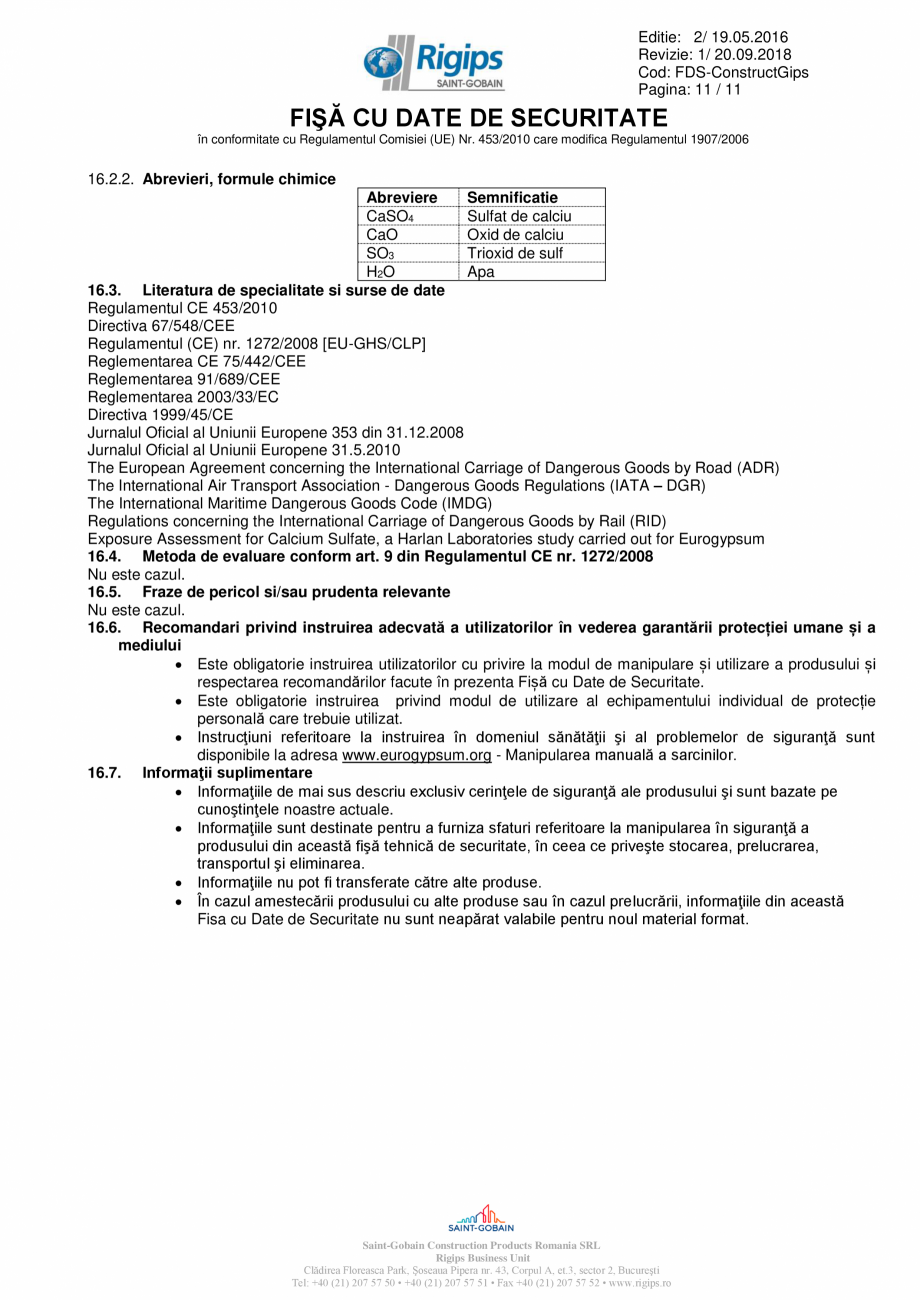 Pagina 11 - Fisa cu date de securitate pentru pulbere de ipsos pentru constructii Saint-Gobain...