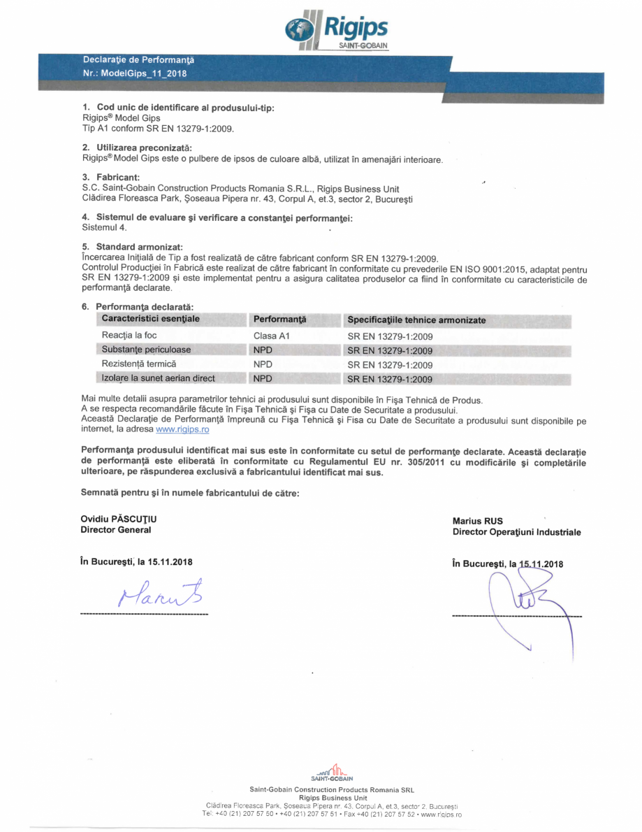 Pagina 1-Declaratie de performanta pentru pulbere de ipsos pentru modelaj Saint-Gobain Rigips Rigips®...