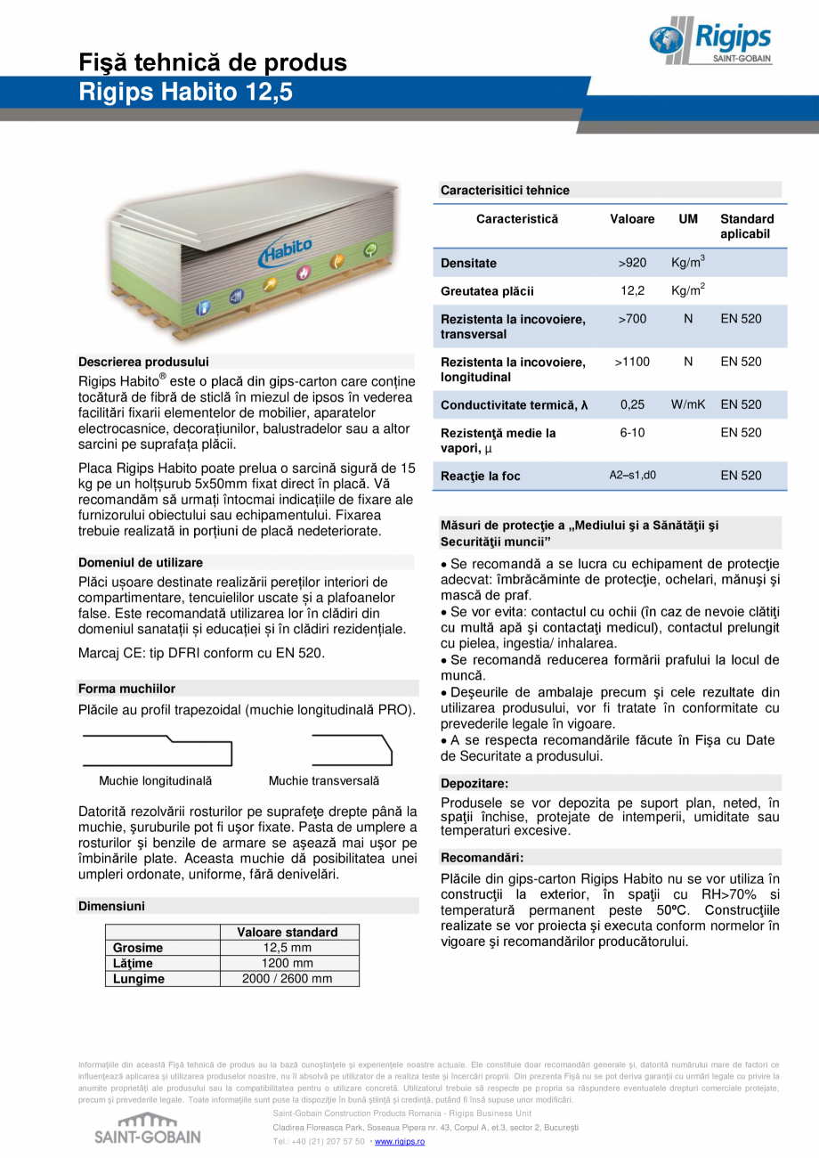 Pagina 1-Placa rezistenta la suspendare mobilier si izolare fonica Saint-Gobain Rigips HABITO Fisa tehnica...