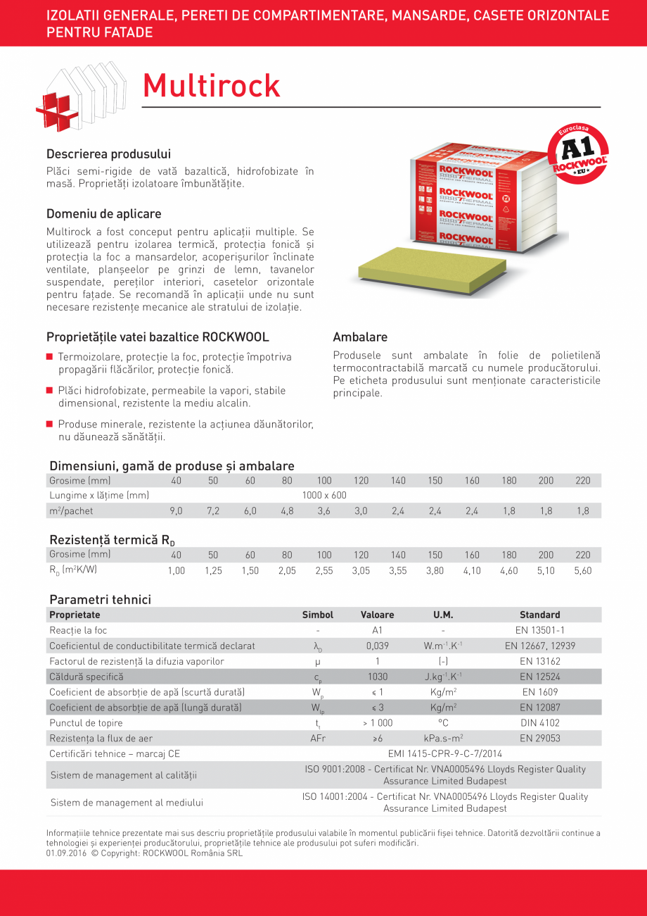 Pagina 1-Placi semi-rigide de vata bazaltica ROCKWOOL MULTIROCK Fisa tehnica Romana IZOLATII GENERALE, PERETI...