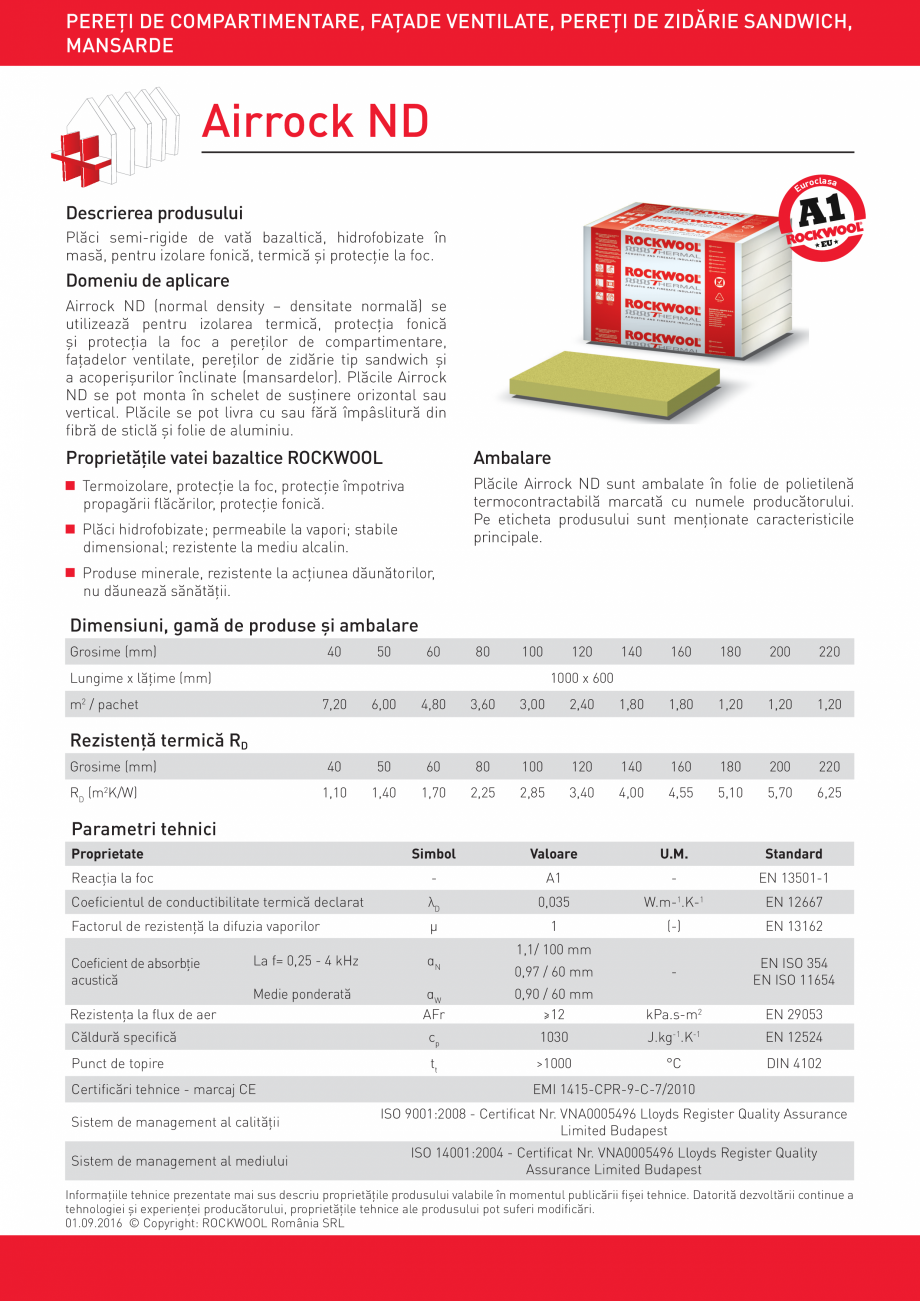 Pagina 1-Placi semi-rigide de vata bazaltica ROCKWOOL AIRROCK ND Fisa tehnica Romana PEREŢI DE...