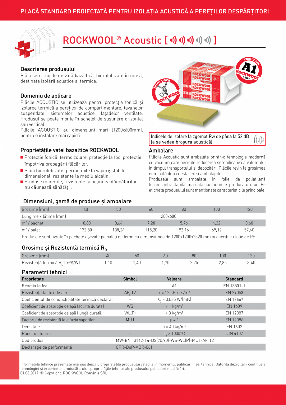 Pagina 1-Placi semi-rigide de vata bazaltica ROCKWOOL ACOUSTIC Fisa tehnica Romana PLACĂ STANDARD...