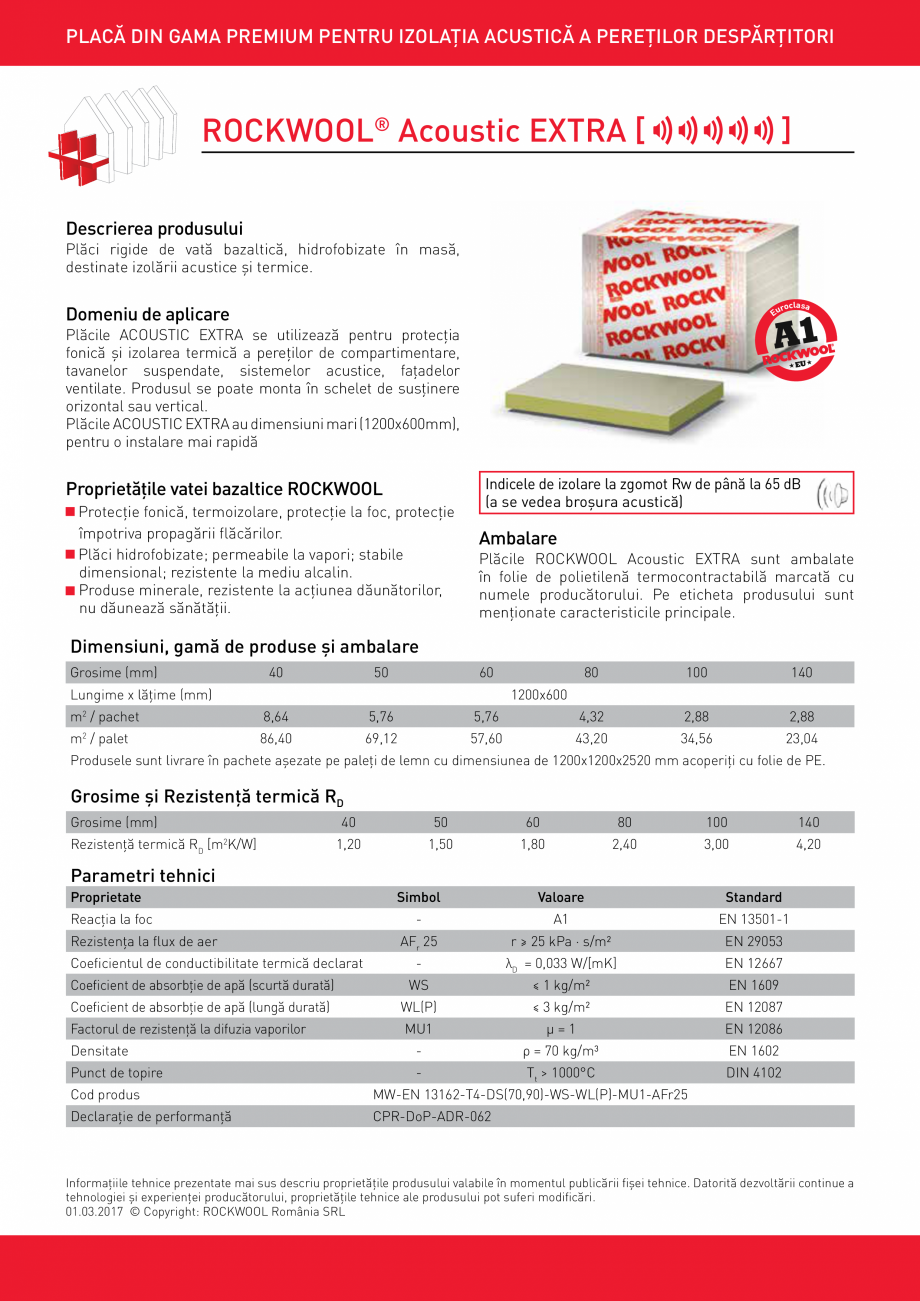 Pagina 1-Placi rigide de vata bazaltica ROCKWOOL ACOUSTIC EXTRA Fisa tehnica Romana PLACĂ DIN GAMA PREMIUM...