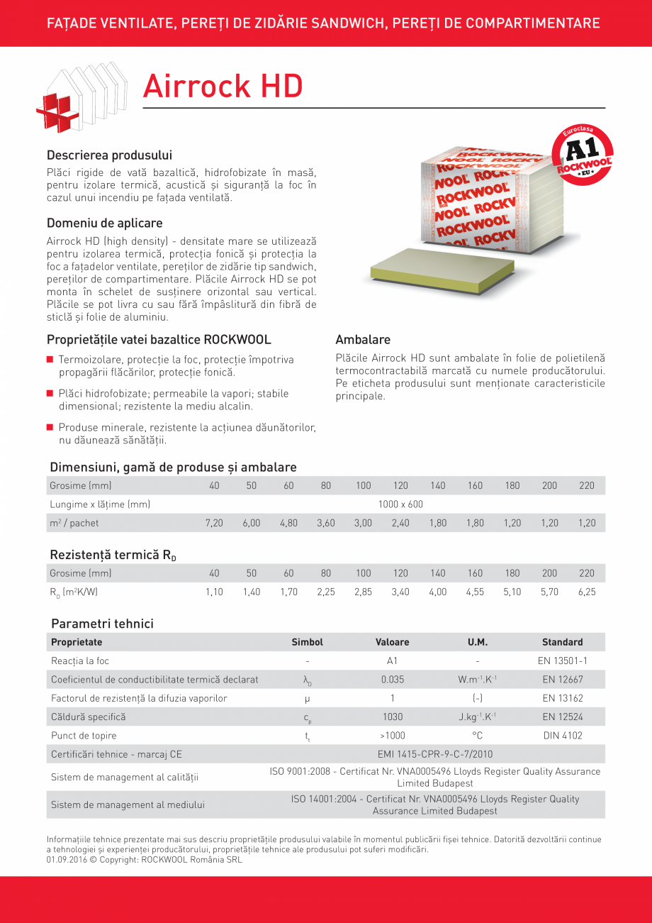 Pagina 1-Placi rigide de vata bazaltica ROCKWOOL AIRROCK HD Fisa tehnica Romana FAŢADE VENTILATE, PEREŢI DE...