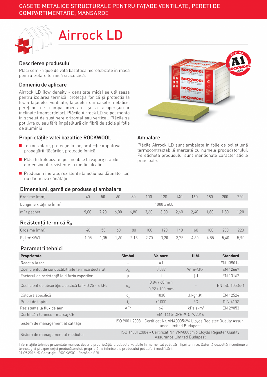 Pagina 1-Placi semi-rigide de vata bazaltica ROCKWOOL AIRROCK LD Fisa tehnica Romana CASETE METALICE...