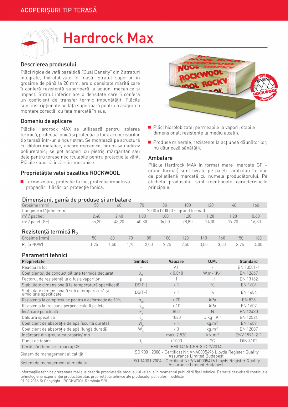 Pagina 1-Placi rigide de vata bazaltica ROCKWOOL HARDROCK MAX Fisa tehnica Romana ACOPERIȘURI TIP TERASĂ
...