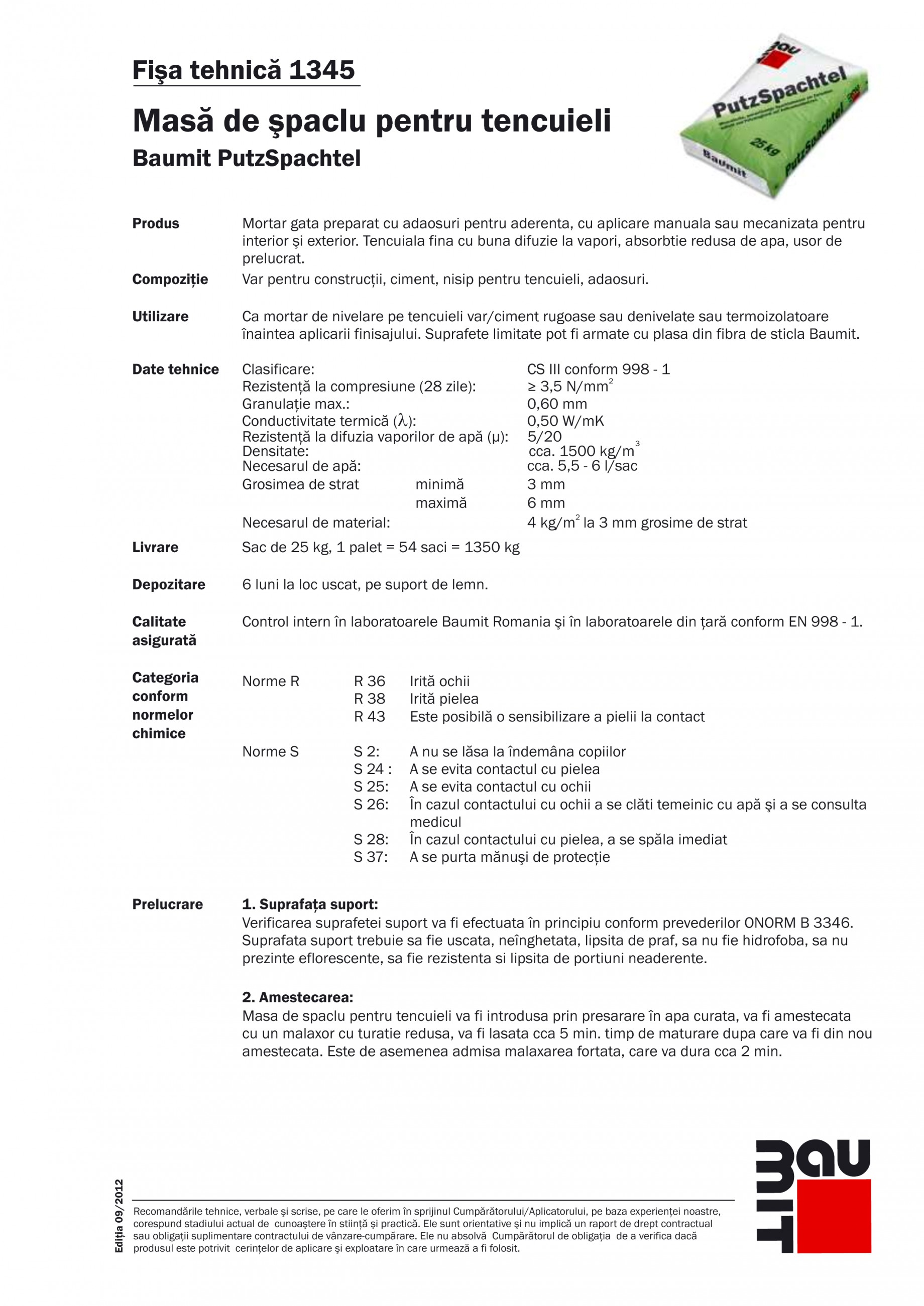 Masa De Spaclu Pentru Tencuieli Baumit Putzspachtel Fisa Tehnica Romana