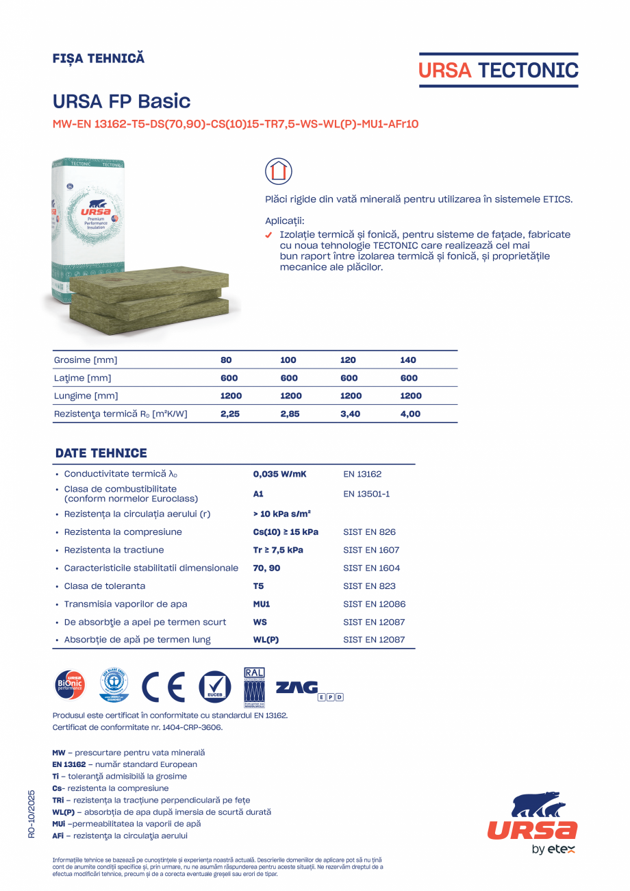 Pagina 1-Placi izolante din vata minerala URSA TECTONIC FP Basic  Fisa tehnica Romana FIȘA TEHNICĂ

URSA FP...