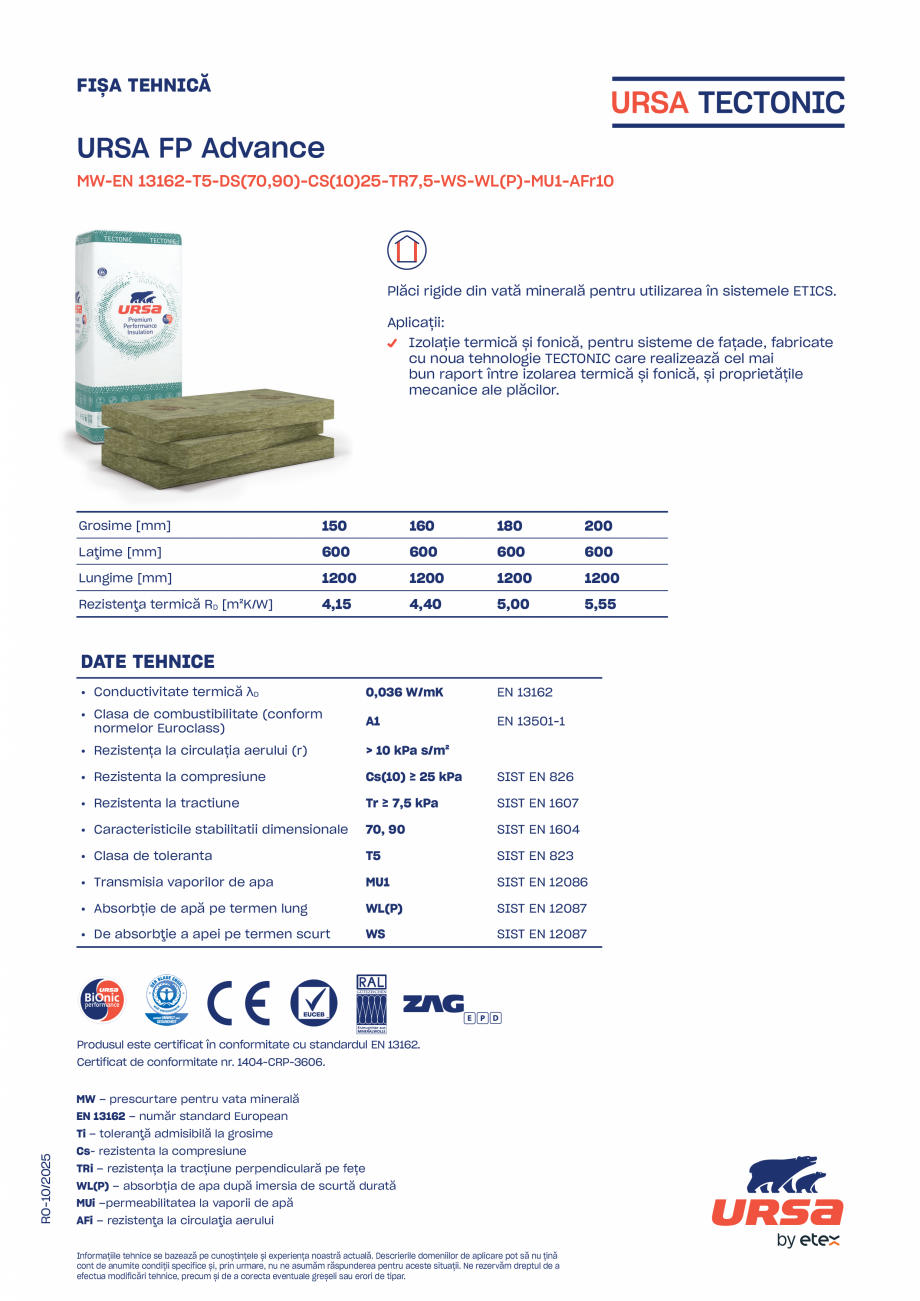 Pagina 1-Placi izolante din vata minerala URSA TECTONIC FP Advance Fisa tehnica Romana FIȘA TEHNICĂ

URSA...