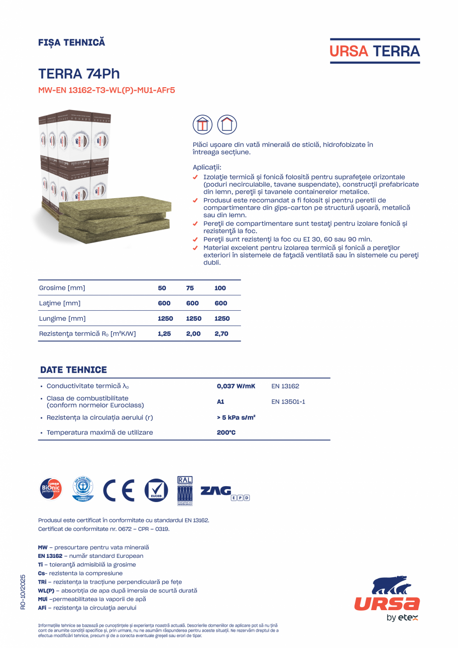 Pagina 1-Plăci ușoare din vată minerală, hidrofobizate &icirc;n &icirc;ntreaga secțiune URSA TERRA 74 Ph...