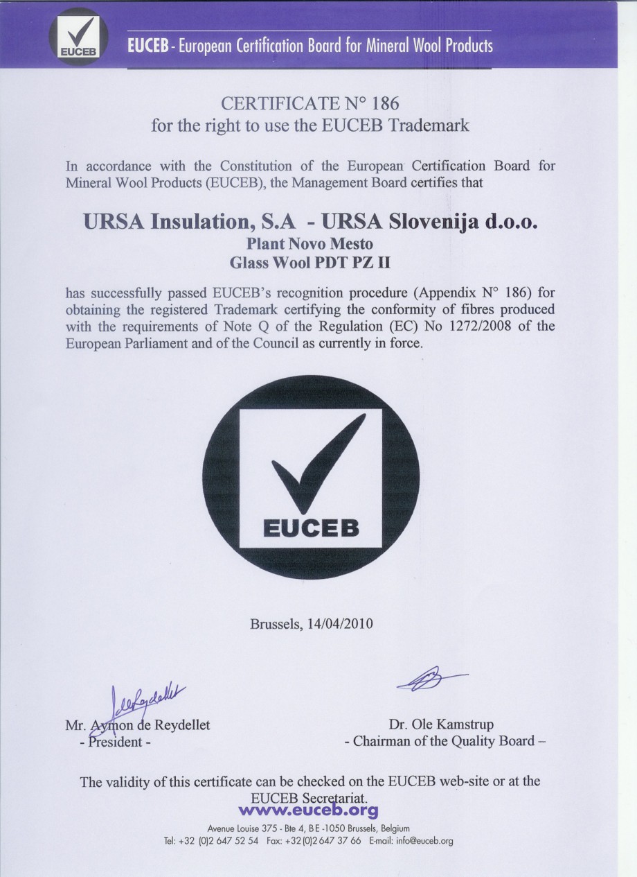 Pagina 1-Certificat EUCEB
  Certificare produs Engleza CERTIFICATE N° 186 for the right to use the EUCEB...