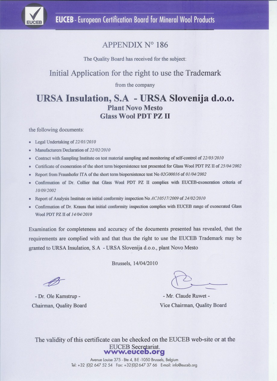 Pagina 2 - Certificat EUCEB  Certificare produs Engleza e;frademark
from the company

URSA...