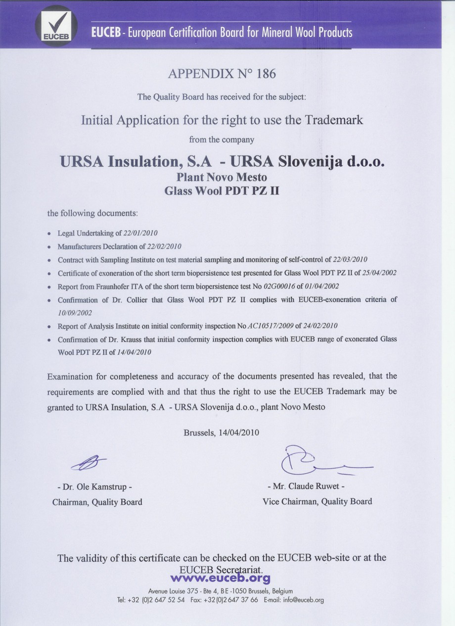 Pagina 2-Certificat EUCEB
  Certificare produs Engleza e;frademark
from the company

URSA Insulation, S.A
the...