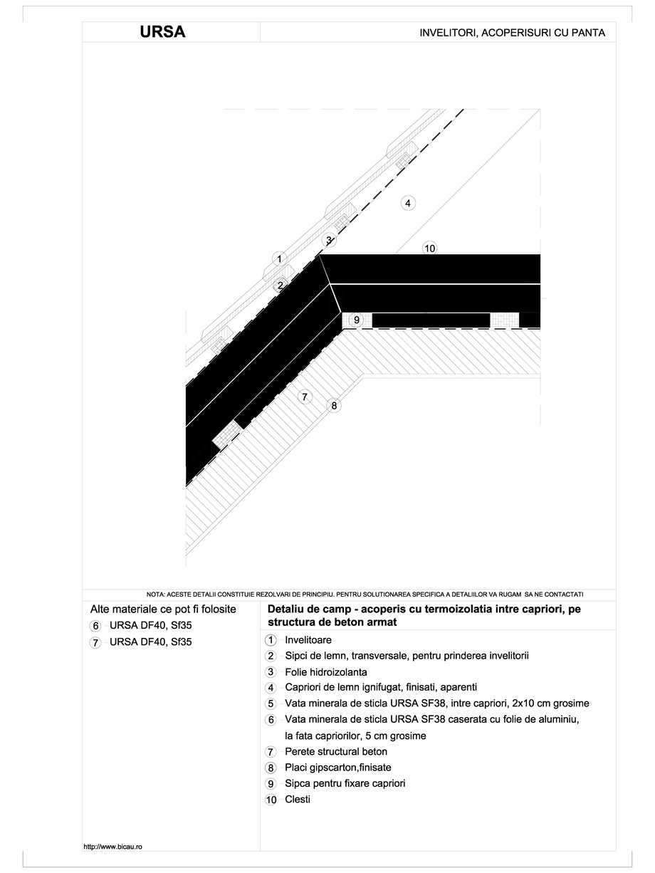 Pagina 1-CAD-DWG Detaliu de camp - acoperis cu termoizolatia intre capriori, pe structura de beton armat URSA...