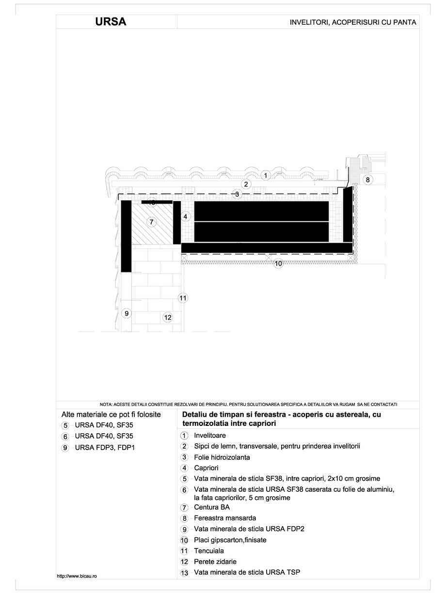 Pagina 1-CAD-DWG Detaliu de timpan si fereastra - acoperis cu astereala, cu termoizolatia intre capriori URSA...