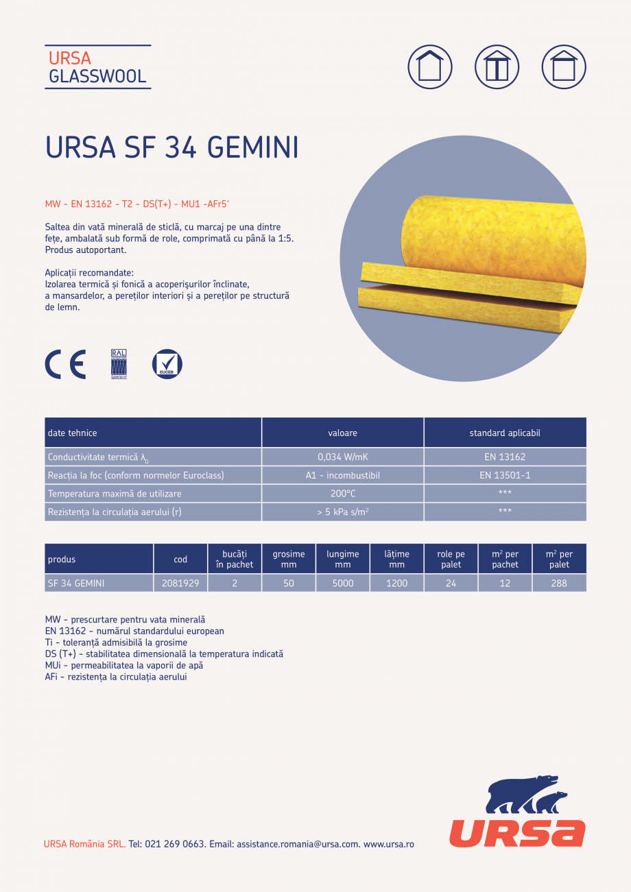Pagina 1-Saltea din vata minerala de sticla URSA GLASSWOOL SF34 GEMINI Fisa tehnica Romana URSA
GLASSWOOL
...
