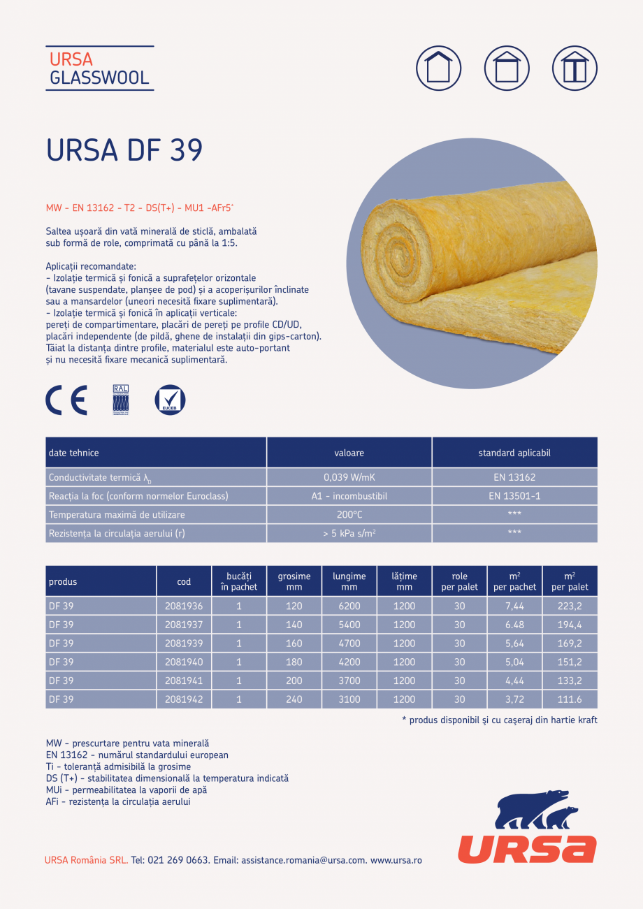 Pagina 1-Saltea din vata minerala de sticla  URSA GLASSWOOL DF 39 Fisa tehnica Romana URSA
GLASSWOOL

URSA DF...