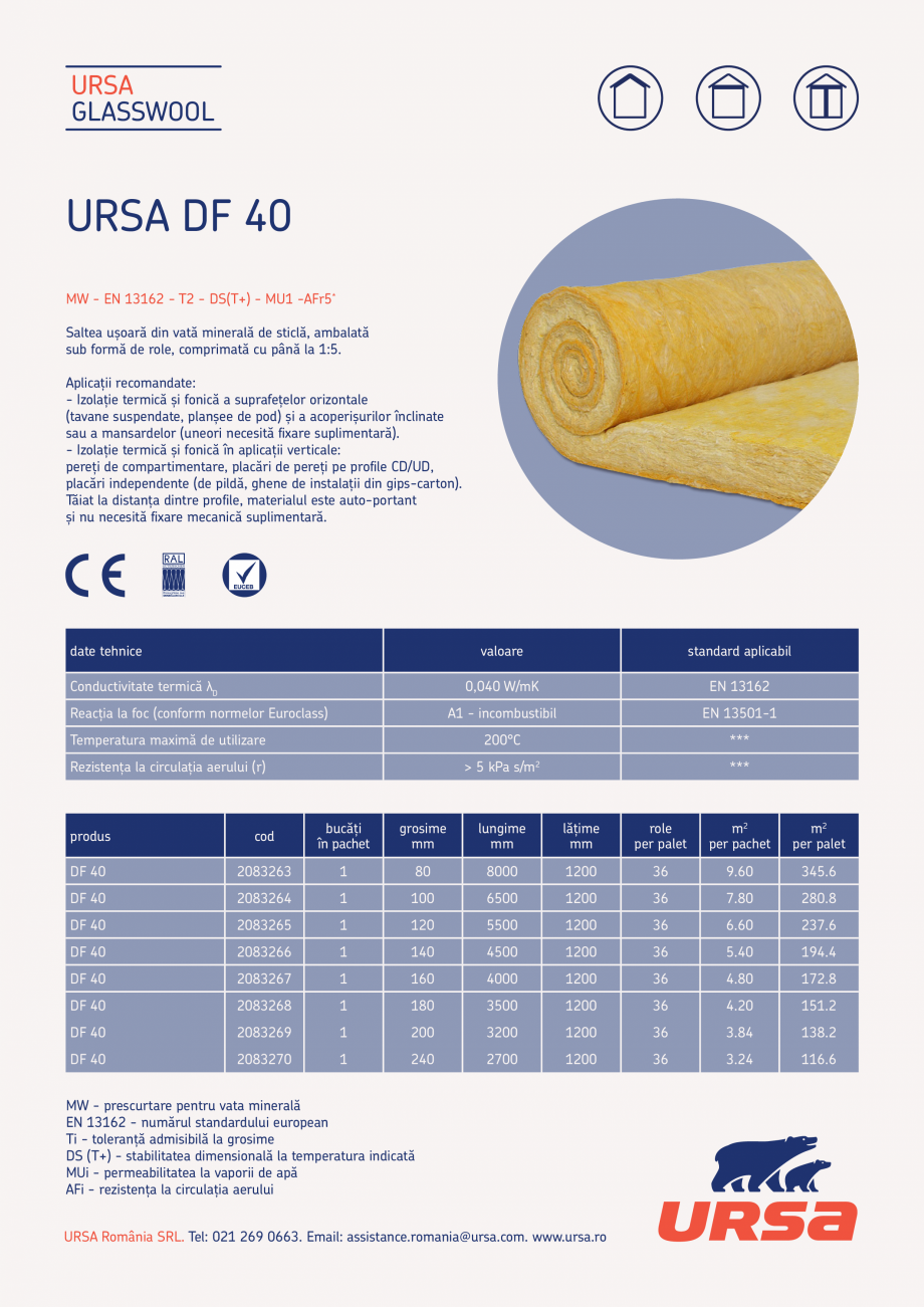 Pagina 1-Saltea usoara din vata minerala de sticla URSA GLASSWOOL DF40 Fisa tehnica Romana URSA
GLASSWOOL
...
