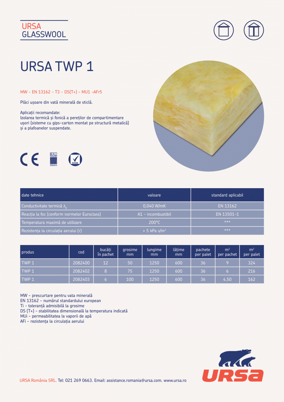 Pagina 1-Placi usoare din vata minerala de sticla URSA GLASSWOOL TWP 1 Fisa tehnica Romana URSA
GLASSWOOL
...