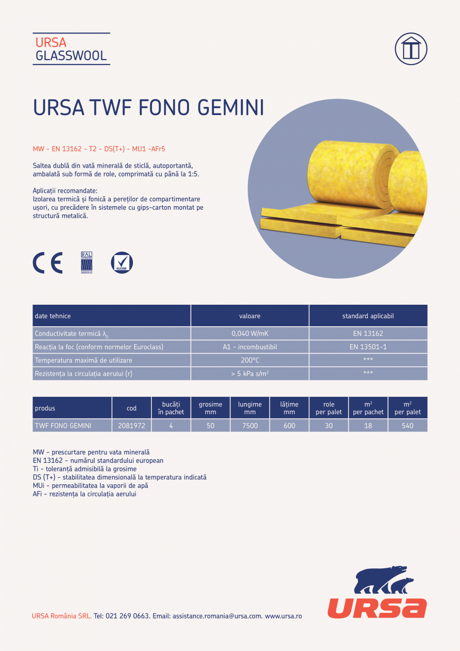 Pagina 1-Saltea dubla din vata minerala de sticla URSA GLASSWOOL TWF FONO GEMINI Fisa tehnica Romana URSA...