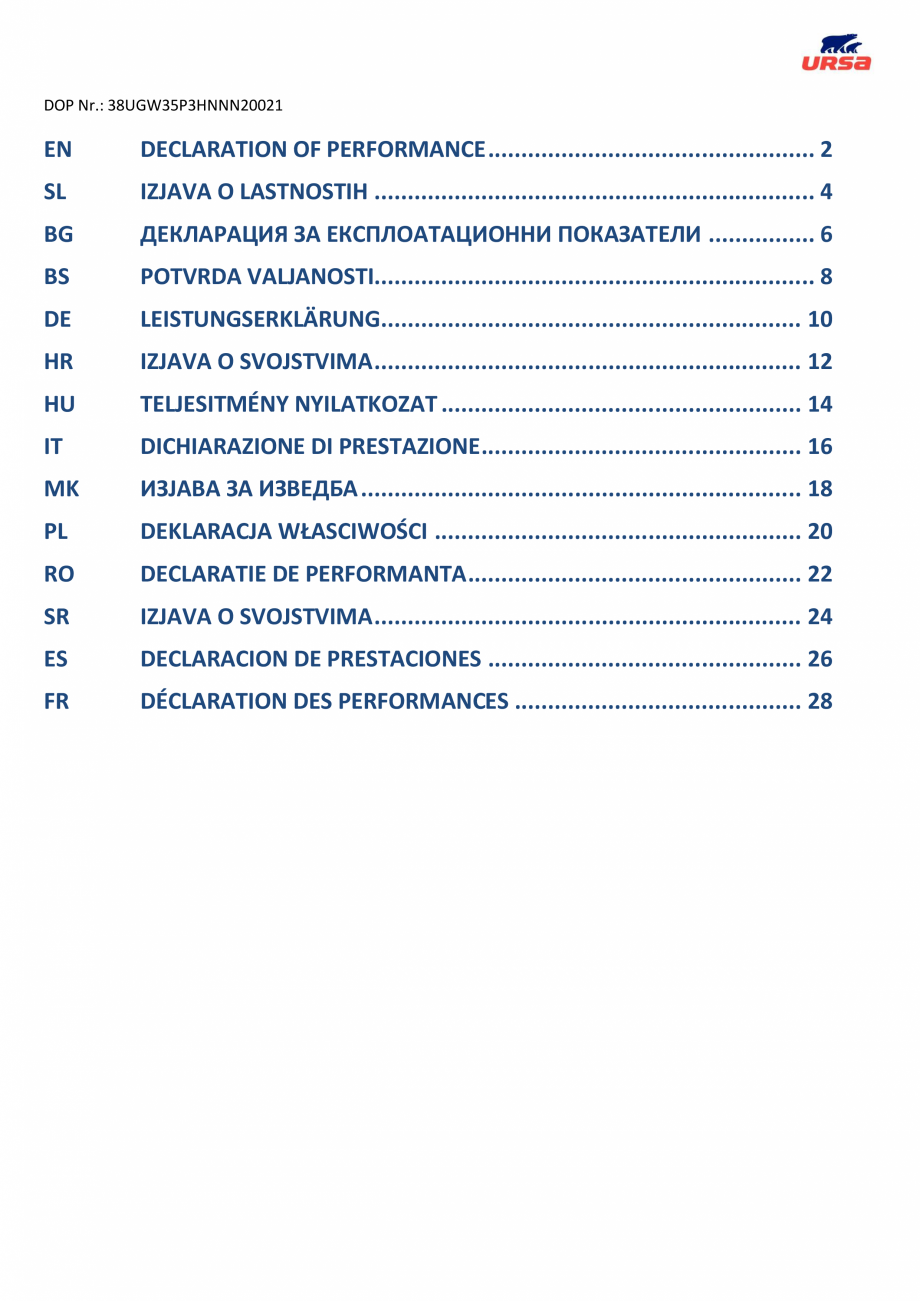Pagina 1-Declaratie de performanta URSA GLASSWOOL TWF FONO, GLASSWOOL TWP 1, GLASSWOOL TWF FONO GEMINI...