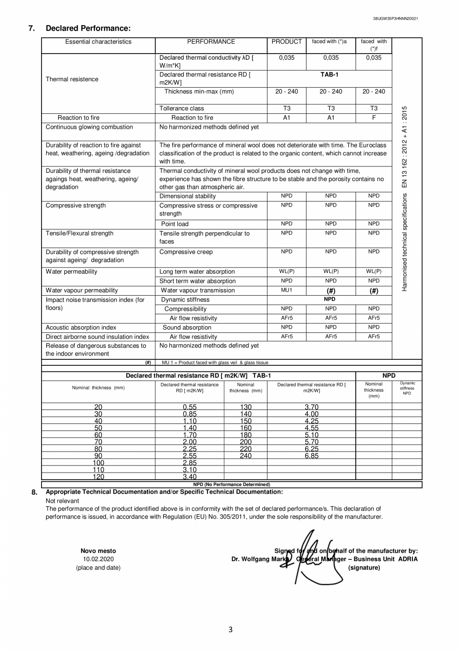 Pagina 3-Declaratie de performanta URSA GLASSWOOL TWF FONO, GLASSWOOL TWP 1, GLASSWOOL TWF FONO GEMINI...