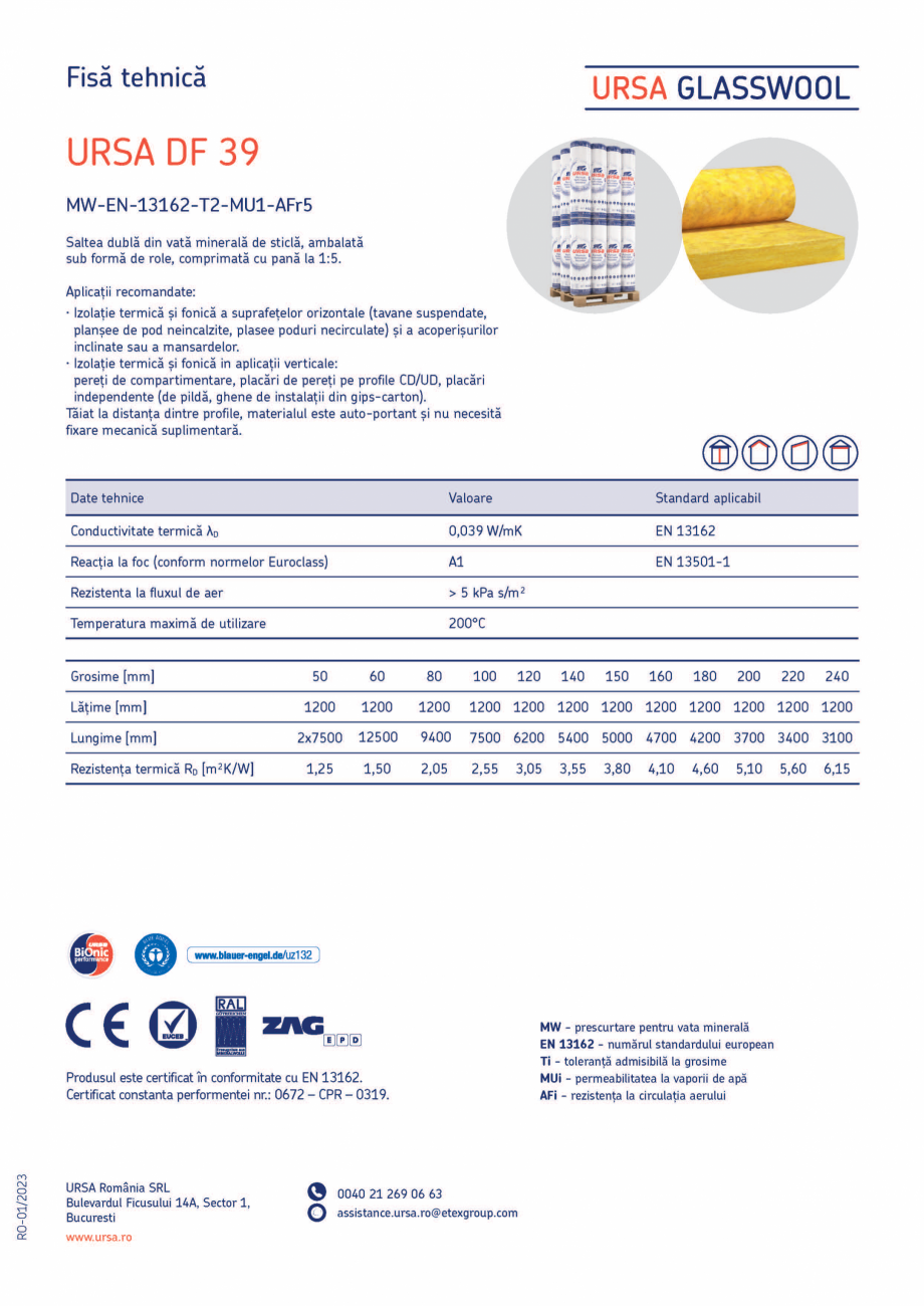 Pagina 1-Saltea dubla din vata minerala de sticla URSA GLASSWOOL DF 39 Fisa tehnica Romana 
